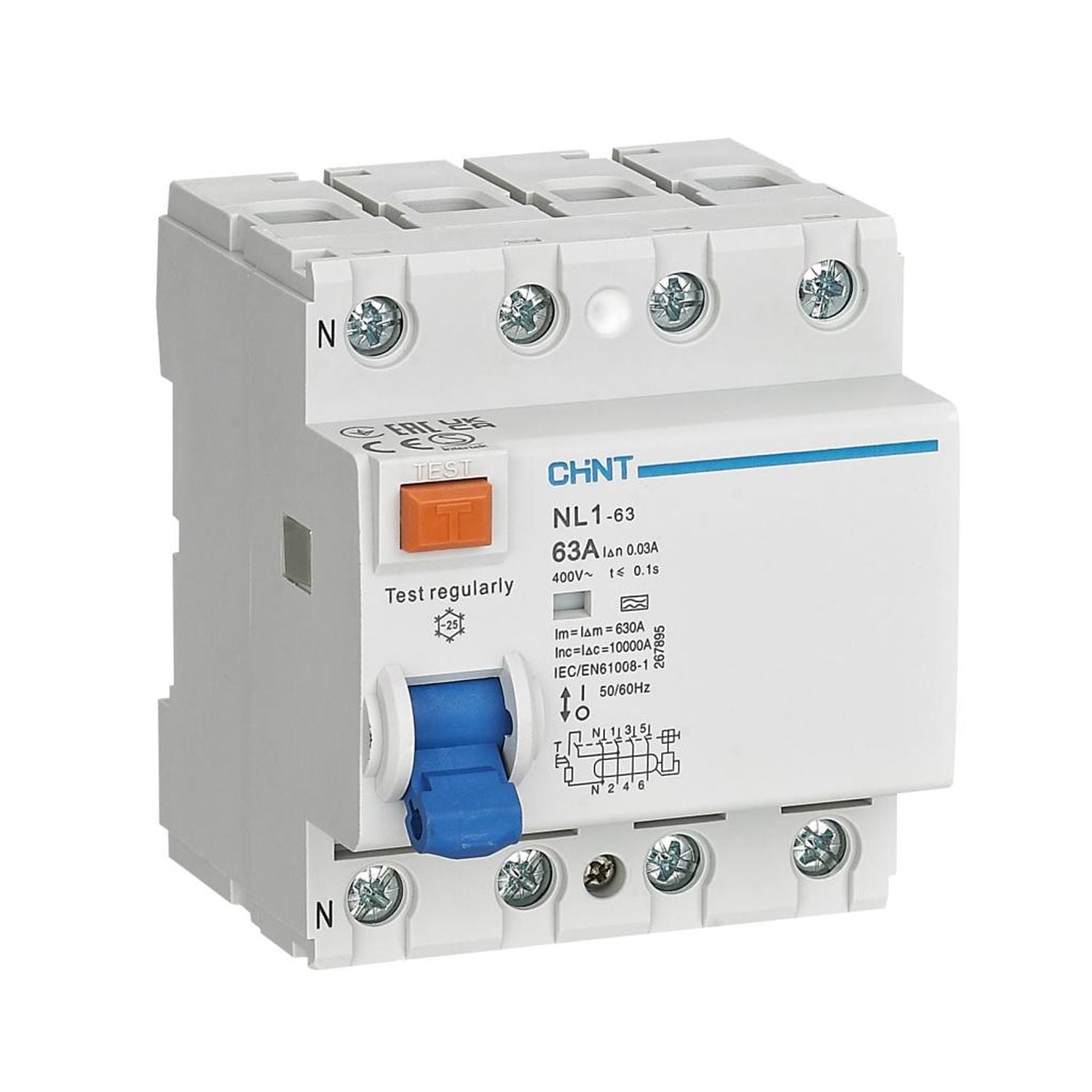 Chint NL1-100 4P 100A 100mA RCCB – 4 Pole Residual Current Circuit Breaker, AC Type, 100 mA Sensitivity, 6 kA Withstand for Three‑Phase Earth Leakage Protection