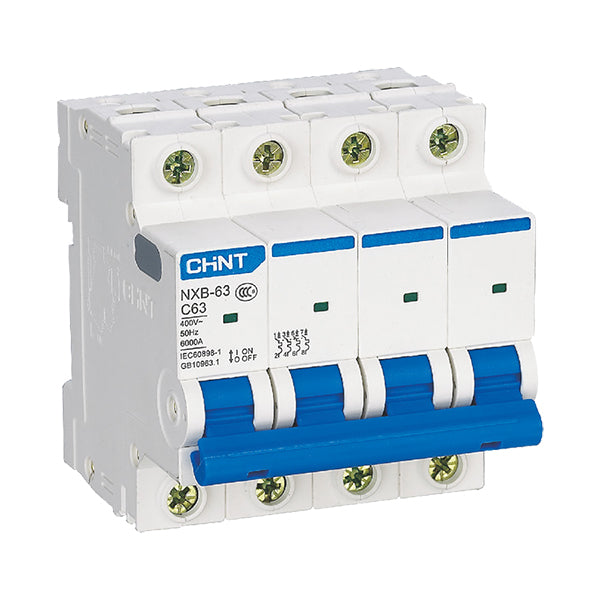 Chint NXB-63 4P C10 Miniature Circuit Breaker – 10A, 6kA Breaking Capacity, Type C Curve, 4 Pole MCB for Full Isolation in Three-Phase + Neutral Systems