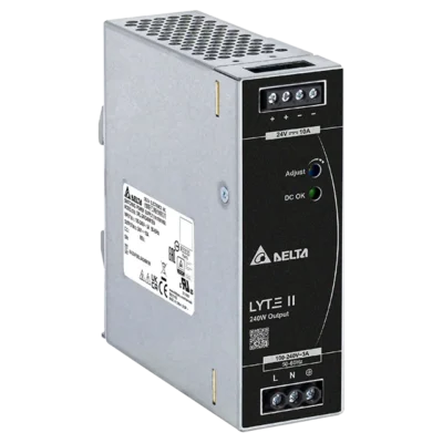 Delta DIN Rail Mount LYTE II Series Power Supply – Output Voltage 24VDC, Output Power 240W, Output Current 10A, Input Voltage Range 90-264VAC – DRL-24V240W1EN