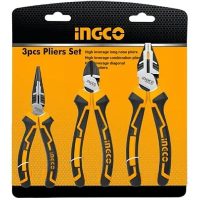 Ingco 3 PCS High Leverage Pliers Set, 8″ Combination Pliers and 7″ Diagonal Cutting Pliers and 6″ Long Nose Pliers HKHLPS2831