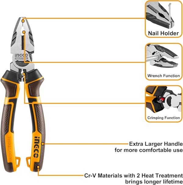 Ingco 3 PCS High Leverage Pliers Set, 8" Combination Pliers and 7" Diagonal Cutting Pliers and 6" Long Nose Pliers HKHLPS2831 - Image 4