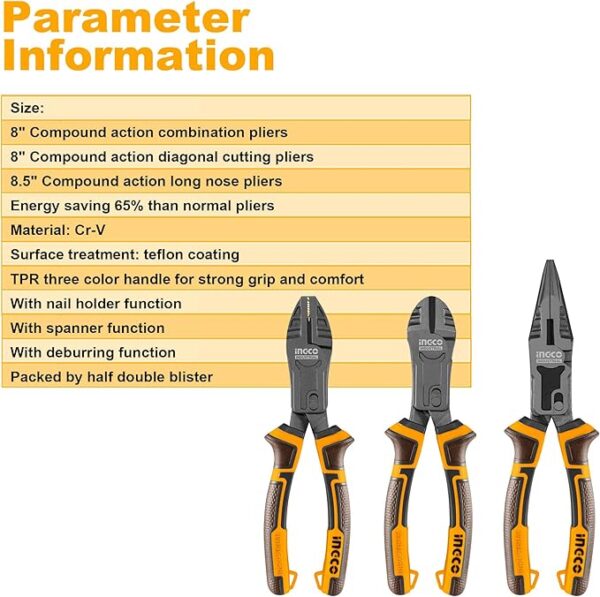 Ingco 3 pcs Compound Action Pliers set HKCPS5831 - Image 2