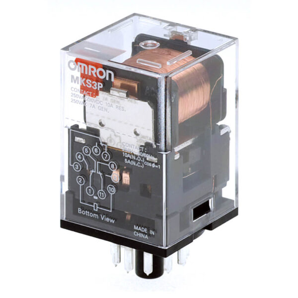 Omron Relay, plug-in, 11-pin, 3PDT, 10 A, mech indicator - MKS3P-5 24VDC