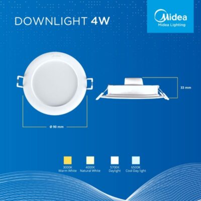 Midea 4W LED Round Downlight Input Voltage – 220-240VAC ~50/60hz 3000K – Recess Flush Mount